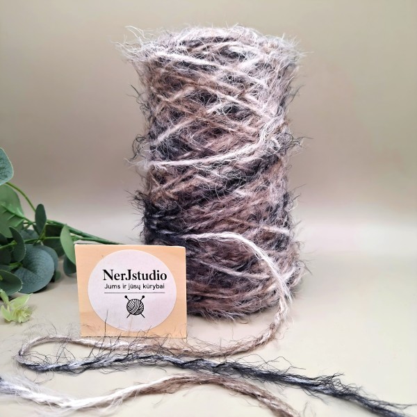 Tekstūriniai siūlai „žolytė“ su merino vilna ir alpaka – rudai pilki melanžiniai (100 g)